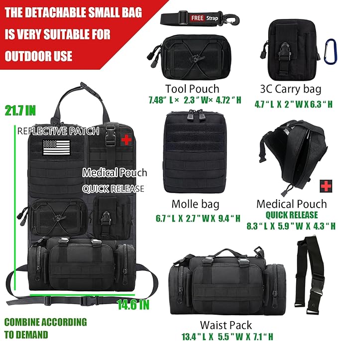 7 PACK Tactical Seat back organizer Truck organizer With 6 Detachable Pouches Universal For Car Truck Ford Jeep Military-Grade Heavier Panels With Multi-functional Packs (Premium black)