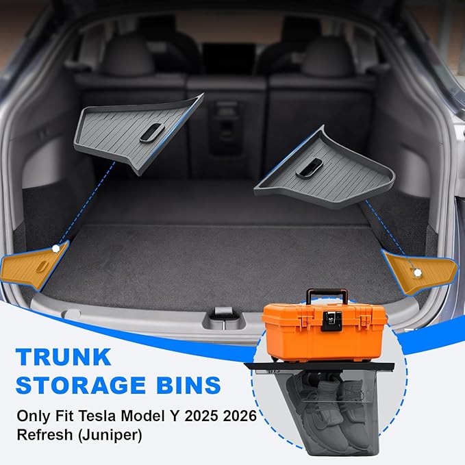 2PCS Trunk Storage Bins Fit for Tesla 2025 2026 New Model Y Juniper Rear Trunk Organizer with Lids, Side Storage Box TPE Waterproof Trunk Organizer for Tesla Model Y Refresh Interior Accessories