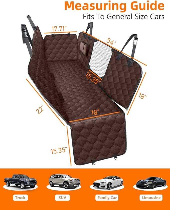 PETICON Dog Car Seat Cover with Mesh Window, 100% Waterproof Pet Seat Cover for Back Seat, Scratchproof Dog Hammock for Cars, Trucks, SUVs, Jeeps, Brown