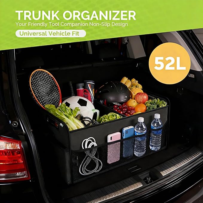 MIU COLOR Trunk Organizer for Car, Car Organizer, 8 Mesh Pockets Trunk Organizer for SUV, Non-Slip Bottom, Storage Organizer for Sedans, Van, Jeep, Grocery, 2 Compartments, Black 22"x13"x11"