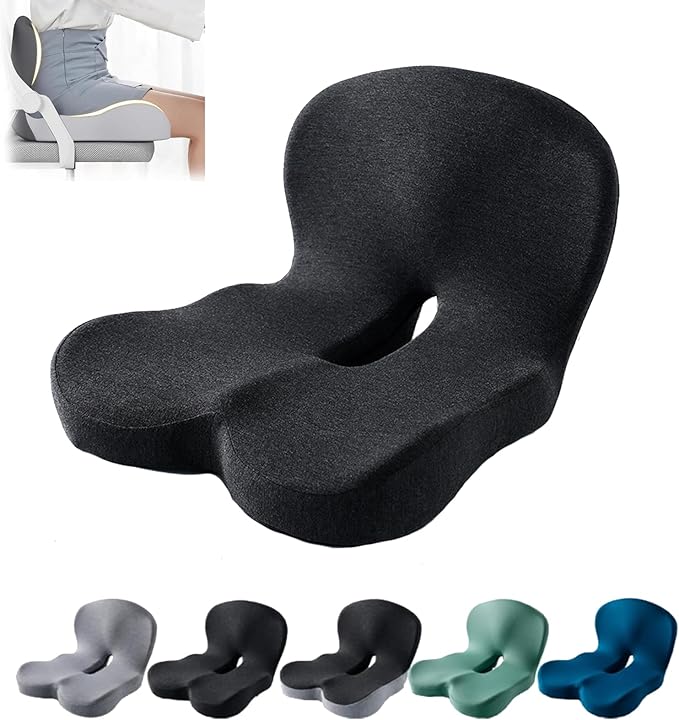 Back and Seat Cushion, Car Seat Cushion, Soothe+ Cushion, Pressure Relief, Non-Slip Belt Backrest, Ergonomic Memory Foam Backrest (Black)