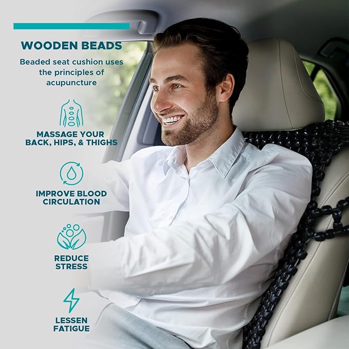 VaygWay Beaded Seat Cushion 2 Pk Car Driver Seat Cover with Durable & Double Strung Natural Wood Beads- Cooling Comfort Ventilated Massaging Support Cushion for Cars, Trucks & Office Chairs- Black
