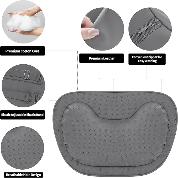 Car Neck Pillow [No More Pressure] Soft Comfortable Premium Leather Headrest with Adjustable Strap – Ergonomic Support for Driving, Office & Gaming, Gray, 1 Pack