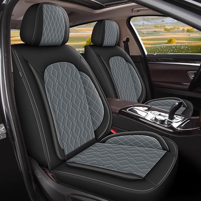 2 Front Car Seat Covers Fit for Kia Soul 2010-2024 2025 Waterproof Faux Leather Seat Cushion Protector (2 Seats, Black&Grey)