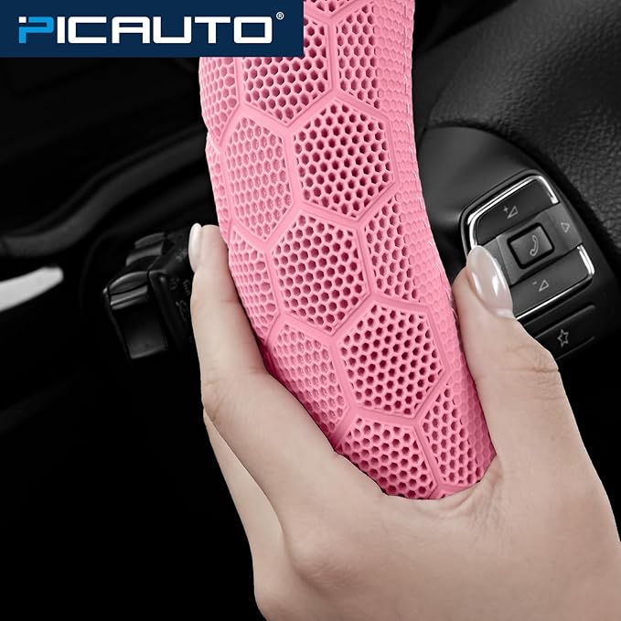 PIC AUTO Massage Steering Wheel Cover, Pink Football Pattern Material Spliced & Gray Leather Car Steering Wheel Cover, Car Steering Cover, Universal Fit 14.5"-15.5" for Cars, Trucks, Van, SUVs