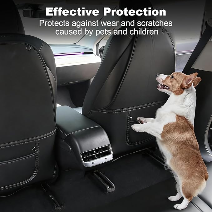 Seat Back Kick Protector Compatible with Tesla Model 3 2017-2025/ Model Y 2021-2025 Accessories, Leather Anti-scratch Kick Mat Cover with Organizer Pocket Black Seatback Protector for Kids Pets
