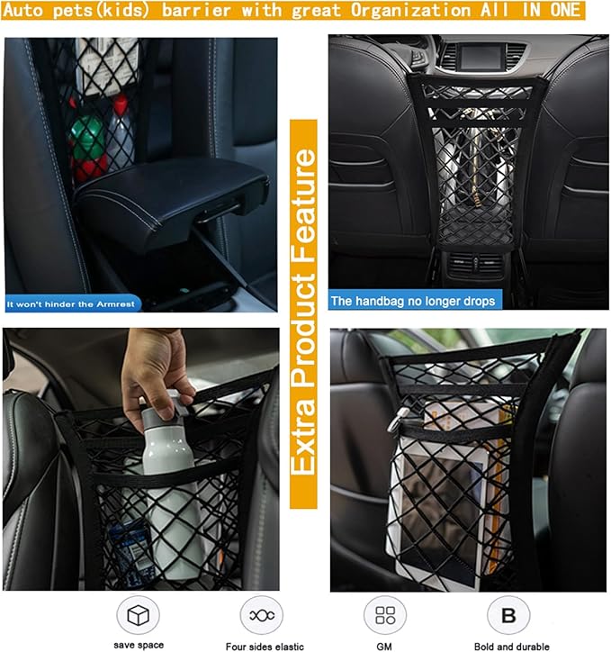 DYKESON Pet Barrier Dog Car Net Barrier with Car Mesh Organizer Baby Stretchable Storage Bag Universal for Cars, SUVs -Easy Install,Safer to Drive with Pets and Children, 3 Layer S