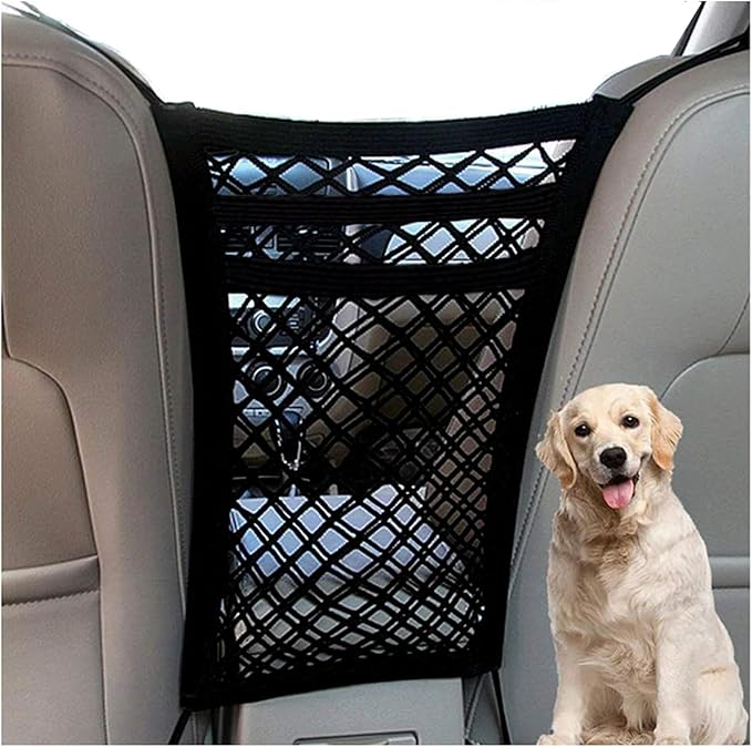 DYKESON Pet Barrier Dog Car Net Barrier with Car Mesh Organizer Baby Stretchable Storage Bag Universal for Cars, SUVs -Easy Install,Safer to Drive with Pets and Children, 3 Layer S