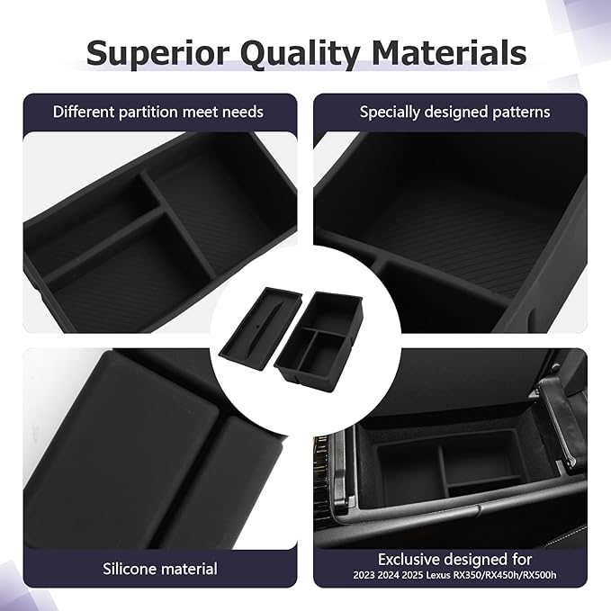 LUWU 2025 2026 Lexus RX350 Center Console Organizer for 2023 2024 2025 2026 Lexus RX350/RX450/RX500 Accessories Armrest Console Storage Box Glove Organizer Tray Silicone Material 2-Pack (Black)
