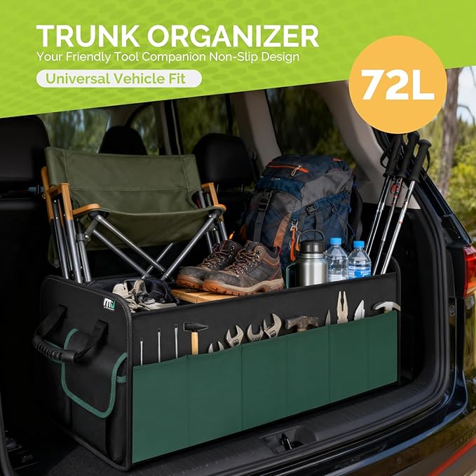 MIU COLOR Trunk Organizer for SUV, Large 5 Compartments Car Organizer, Collapsible Trunk Organizer, Strong Handle, Non-Slip Bottom, Storage Organizer for Sedans, Van, Jeep, Grocery, Black Mixed Green