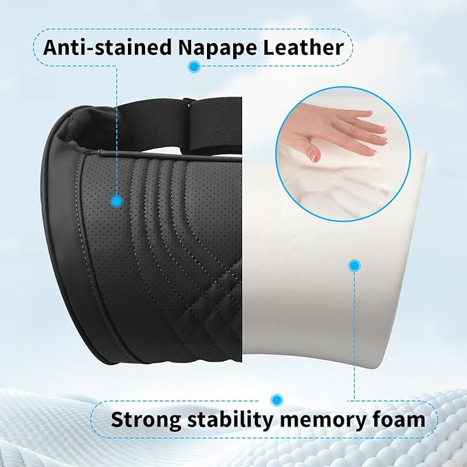 Car Neck Pillow for Driving Memory Foam Headrest Nappa Leather Head Rest for Most Cars SUV Home Office Traveling
