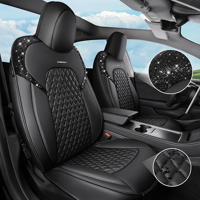 CAR PASS Car Seat Covers for Tesla Model 3 Nappa Leather Bling Diamond Car Seat Protector Full Coverage Airbag Compatible Custom Fit 2017 2018 2019 2020 2021 2022 2023 2024, Black Rhinestone Full Set