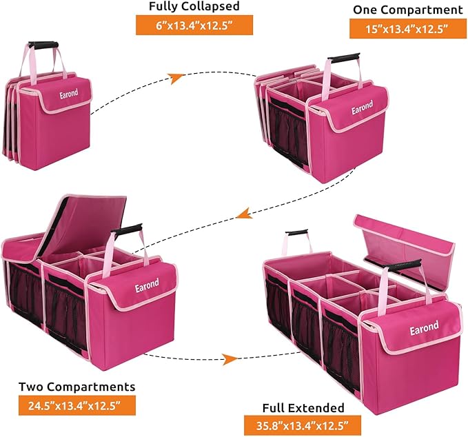 Collapsible Trunk Organizer with Insulated Leakproof Cooler Bag,Removable Lid,Adjustable Securing Straps,3 Compartments Trunk Organizer for SUV,Truck,Sedan(Pink)