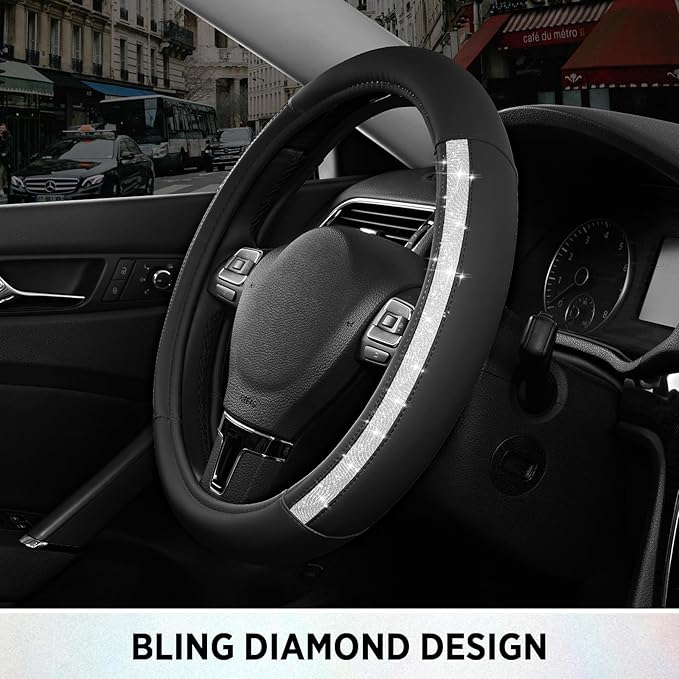 Road Comforts Steering Wheel Cover, Silver Bling Glitter with Black Leather, Universal Fit 14.5"-15.5" Wheel Cover for Women & Girls, Anti-Slip Protector for Cars, Trucks, Vans, SUVs