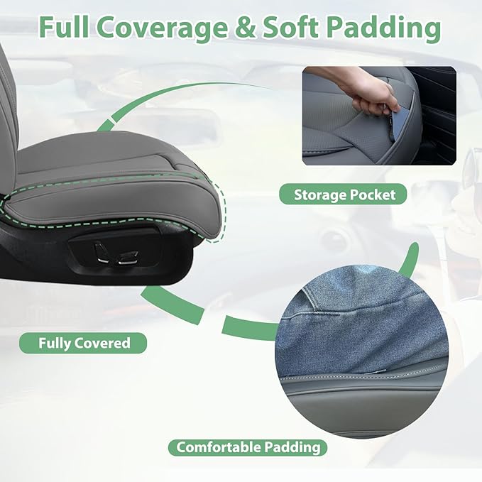 2 Pack Leather Front Car Seat Cover Bottom Only, Anti-Slip Padded Seat Cushion, Full Wrap Seat Protector with Storage Function Universal Fit for Most Cars, SUV, Pick-up Trucks (Grey)