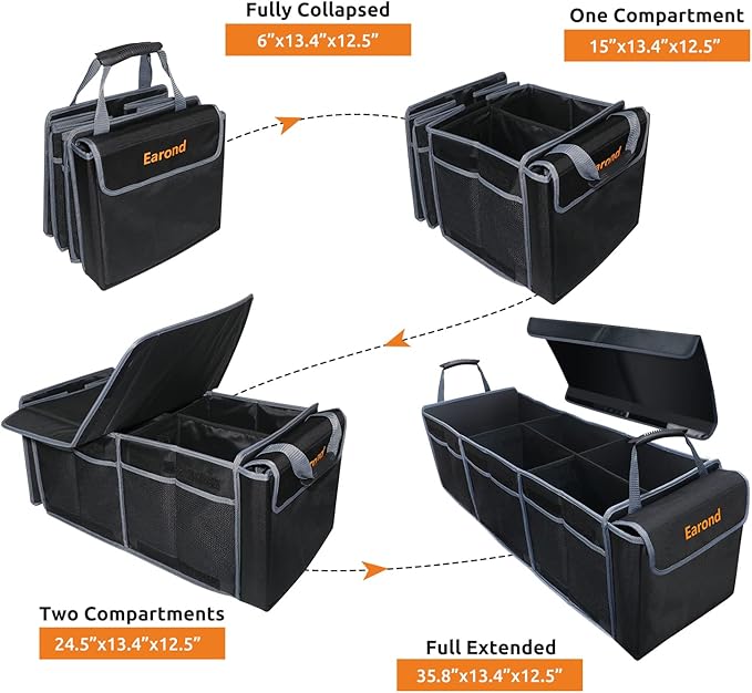 Collapsible Trunk Organizer with Insulated Leakproof Cooler Bag,Removable Lid,Adjustable Securing Straps,3 Compartments Trunk Organizer for SUV,Truck,Sedan(Grey & Black)