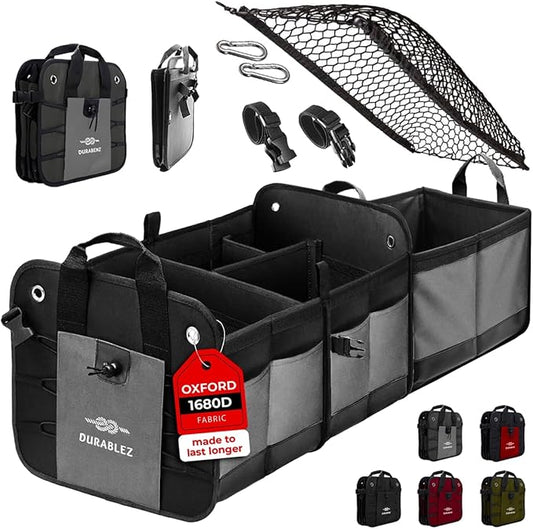 3-Section Modular Trunk Organizer XL – Car Storage for Groceries, Cleaning Supplies, Tools, Sports Gear – Foldable L-Shape Cargo Bin – Gray