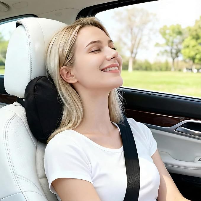 2PCS Car Pillow for Car Neck Pillow for Driving Seat Lumbar Support Soft Cushion with Extra Filling Accessories Back Support for Travel Nap and Trips Sleeping(Black, Head)