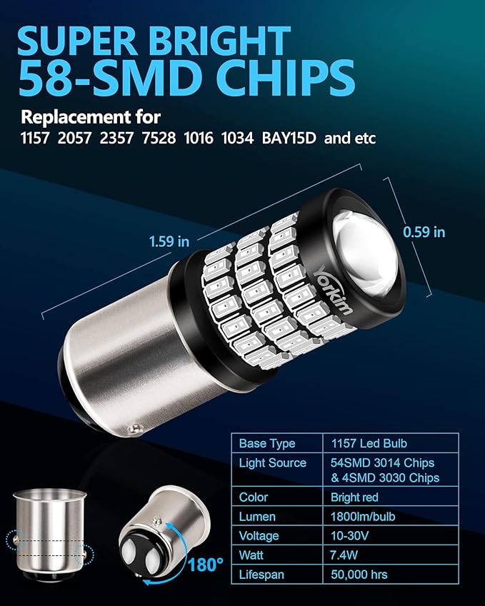 Yorkim Bright 1157 LED Bulbs Red, 1157 Brake Light Bulb, 9-30V 1157 2057 2357 7528 BAY15D LED Bulb with Projector Replacement for Back Up Reverse Lights or Tail Lights - Red