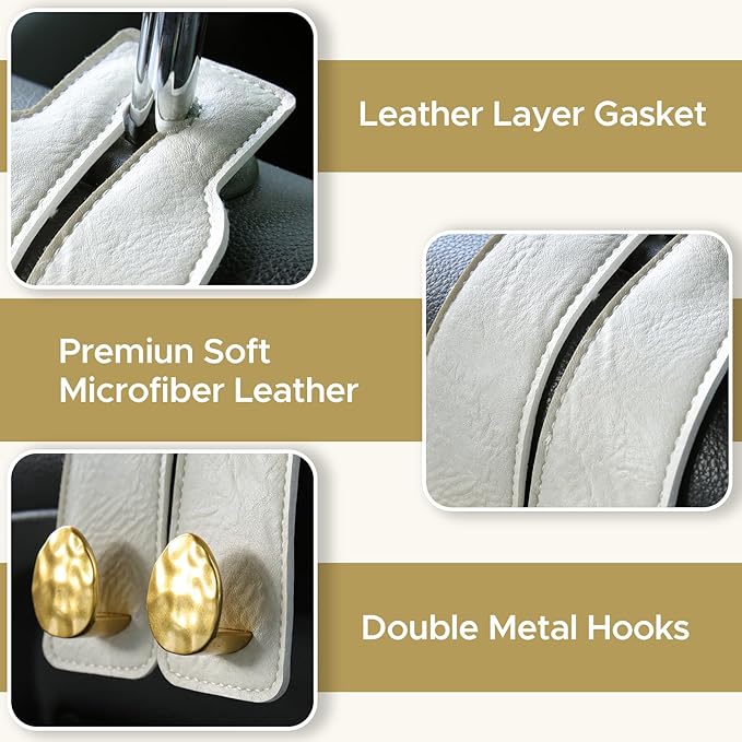 4 PCS Leather Car Seat Hooks for Headrest, Vehicle Hanger Storage Organizer Universal for Handbag Purse, Car Accessories Gift (White-Gold-4 PCS)