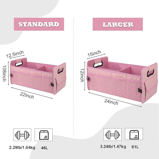 JiatuA Car Trunk Organizer for SUV, Car Storage Organizer Collapsible Multi Compartment Container Box, Adjustable Car Accessories for Women/Men, Pink