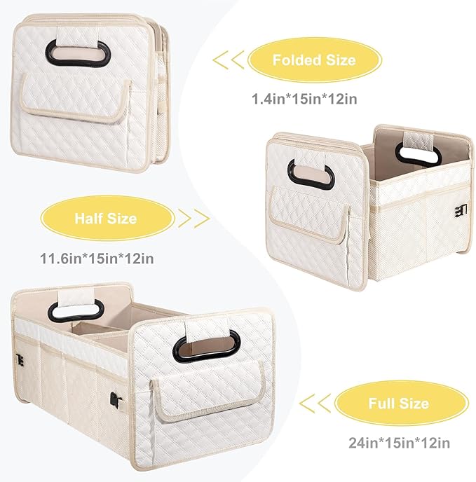 JiatuA Car Trunk Organizer for SUV, Car Storage Organizer Collapsible Multi Compartment Container Box, Adjustable Car Accessories for Women/Men, Large Beige