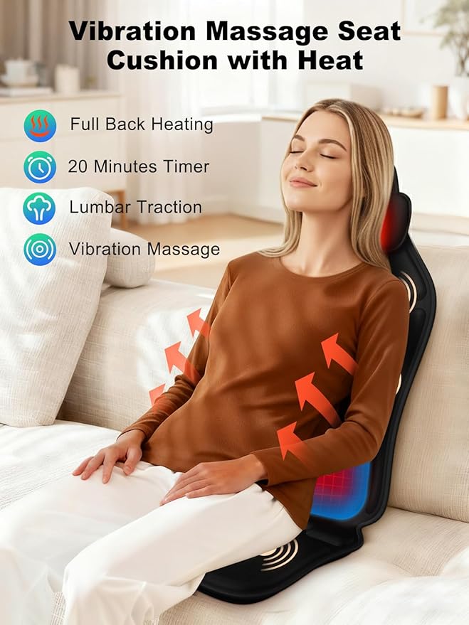 Vibration Back Massager with Heat, Massage Chair Pad for Recliner with 2 Heating Levels & 6 Vibration, Seat Cushion For Seniors, Office Workers & Family, Fatigue & Pain Relief in Office, Home & Travel