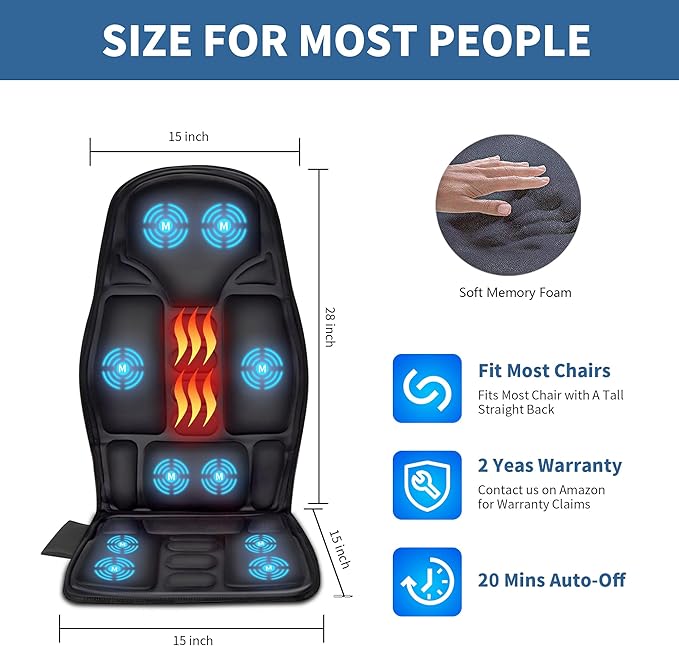 Sotion Seat Massager, Vibrating Back Massager for Chair Massage Cushion, 10 Vibrations to Relieve Stress and Fatigue for Back, Shoulder and Thighs