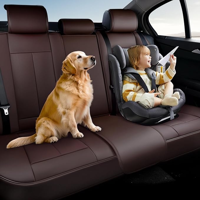 Coverado Rear Seat Covers for Cars, Brown Back Seat Protector, Back Seat Cover for Kids, 3-Pieces Waterproof Car Seat Cushion Nappa Leather Seat Cover for Back Seat Universal Fit for Most Cars