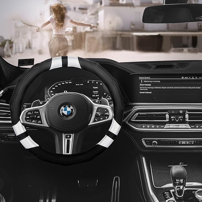 Achiou White Car Steering Wheel Cover Universal 15 inch with Grip Contours, Leather Auto for Men and Women Non-Slip Breathable Soft and Comfortable