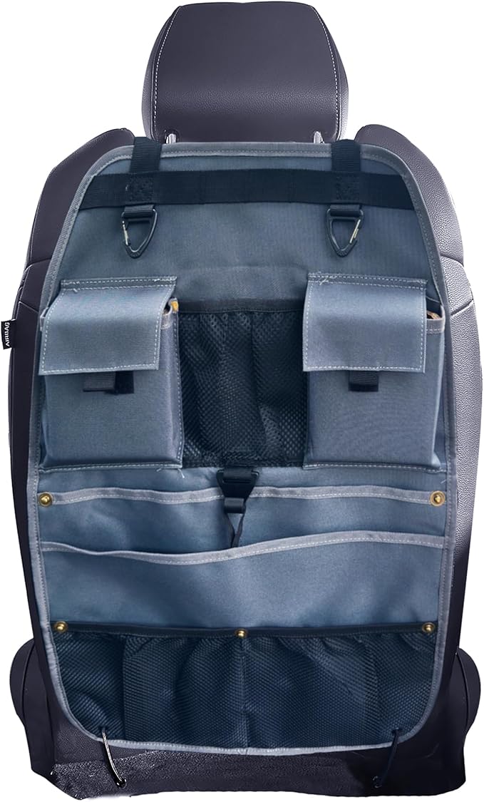 Car Seat Back Organizer with Multiple Storage Pockets, Black Mesh and Fabric, Universal Fit (grey)