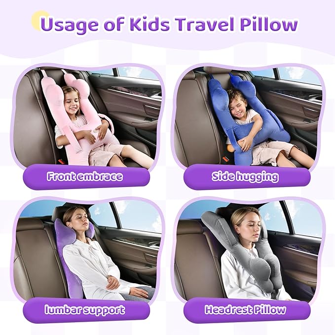 FLORICH Kids Travel Pillow, Car Sleeping Travel Pillow for Kids, Washable H-Shaped Pillow for Adults and Children to Support Head and Body for Road Trips Pillow for Car (Purple)