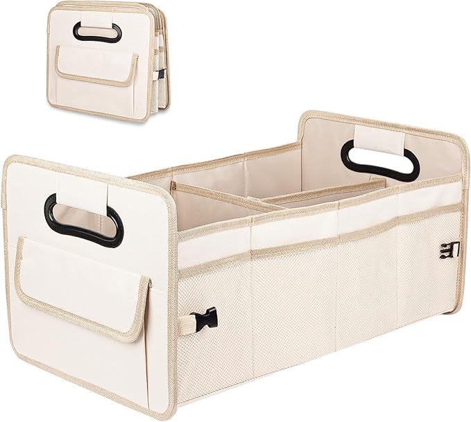 JiatuA Car Trunk Organizer, Car Organizers and Storage Collapsible Multi Compartment Container Box, Adjustable Car Accessories for SUV Sedan Truck, Large Size, Beige