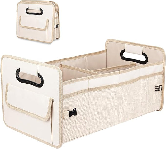 JiatuA Car Trunk Organizer, Car Organizers and Storage Collapsible Multi Compartment Container Box, Adjustable Car Accessories for SUV Sedan Truck, Large Size, Beige