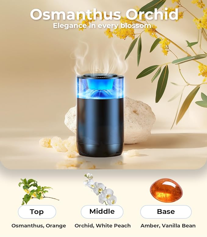 Smart Car Air Fresheners, Ambient Light & Mist, Auto On/Off, Adjustable Intensity Car Air Freshener Diffuser, Fragrance Lasts 6 Months, Built-in Battery, Scent Refill X2 - Osmanthus Orchid