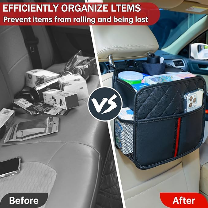 Car Seat Back Organizer with Storage Pockets, 2 Pack Multi Hanging Car Seat Organizer Backseat Car Organizer, Leather Backseat Car Organizer for Kids & Adults with Cup Holders Car Travel Accessories