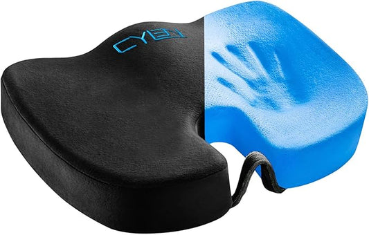 CYLEN Home Office Seat Cushion - Comfort Memory Foam Chair Cushion with Cooling Gel Infused for Tailbone, Coccyx, Back & Sciatica Pain Relief (Black-Blue)