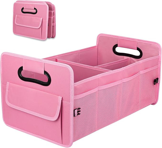 JiatuA Car Trunk Organizer, Car Organizers and Storage Collapsible Multi Compartment Container Box, Adjustable Car Accessories for SUV Sedan Truck, Large Size, Pink