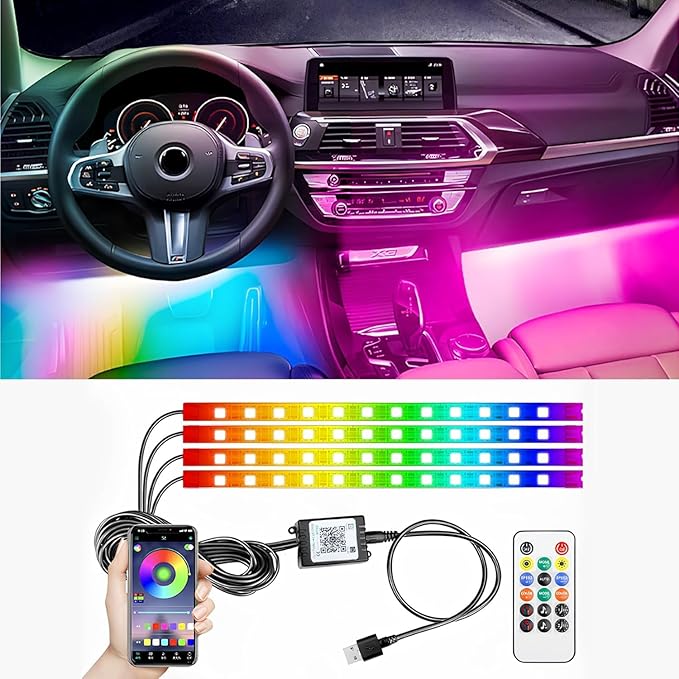 5.7FT LED Interior Light for Car, 48LEDs RGB USB Under Dash Lighting, Footwell Neon Internal Lights Kit, Smart APP and Remote Dual Control, Multicolor Music and Mic Mode