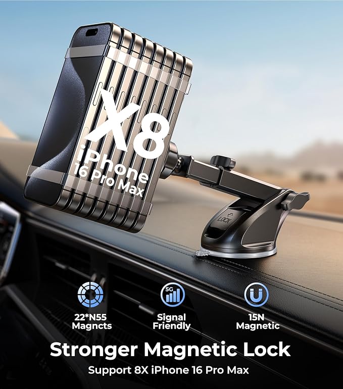 【Qi2 Certified・90LBS Vacuum Magnetic Suction】 15W Fast Wireless Car Charger Mount for Magsafe, 360° Adjustable Arm, Dashboard/Windshield/Vent Phone Holder+Cable Organaizer for iPhone 17/16/15 Pro Max