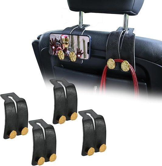 4 PCS Leather Car Seat Hooks for Headrest, Vehicle Hanger Storage Organizer Universal for Handbag Purse, Car Accessories Gift (Black-Gold-4 PCS)