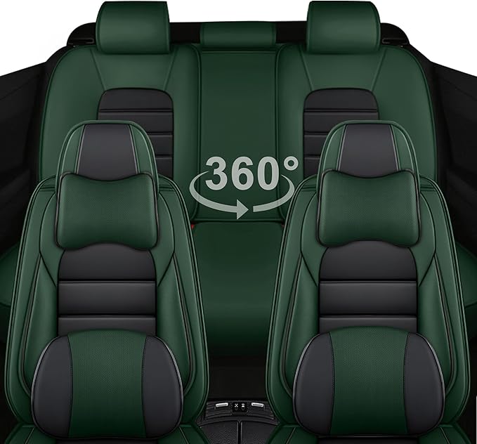 5 Car Seat Covers for Toyota Highlander 2001-2026 Breathable Leather,Waterproof Car Seat Protectors with Comfort Headrest Pillows,Automotive Vehicle Cushion with Storage Pockets (Luxury,Green)