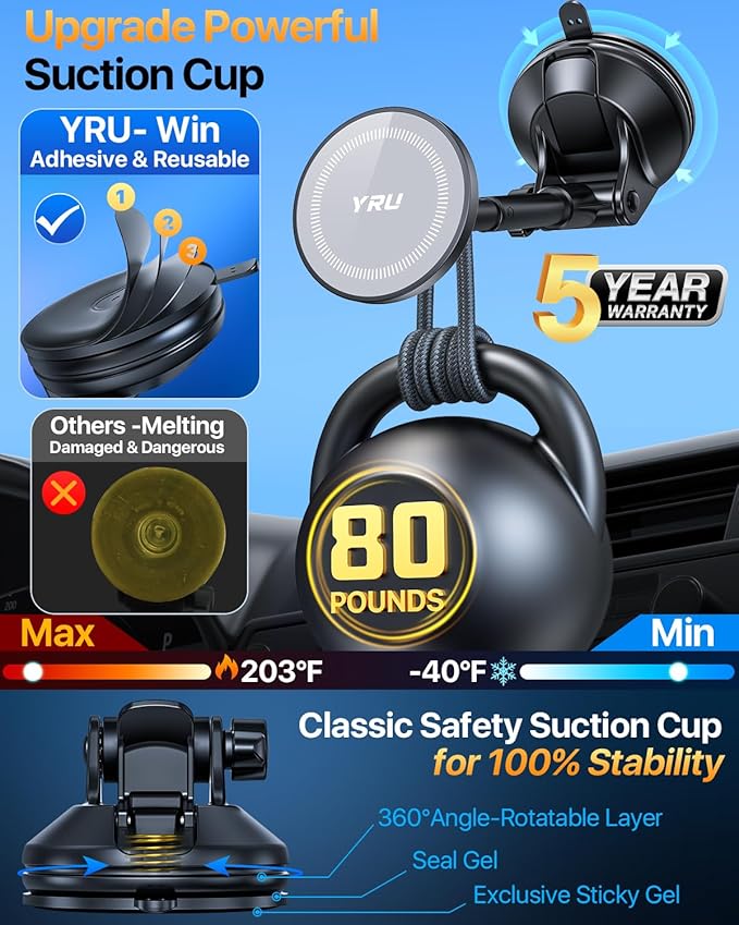 YRU Upgraded Magnetic Phone Holder for Car【Patented & Super Magnet】 for MagSafe Car Mount Dashboard Magnet Phone Holder Windshield Phone Stand for iPhone 17 16 15 14 13 12 Pro Max Samsung, Grey