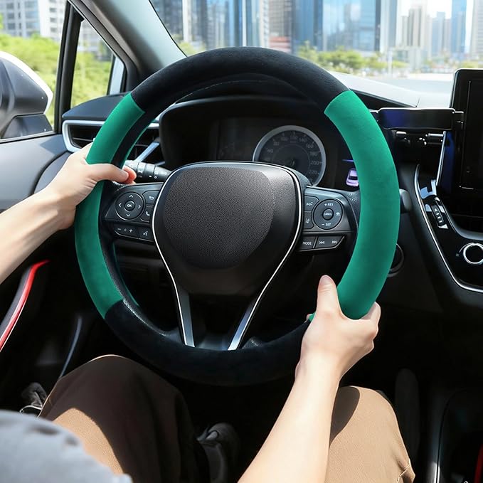 SEG Direct Steering Wheel Cover for Car, Standard Size 14.5-15 inch, Auto Interior Accessories, Warm Plush, Summer Winter, Black and Forest Green