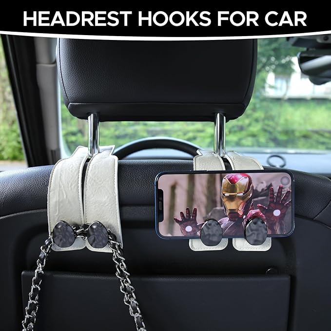 4 PCS Leather Car Seat Hooks for Headrest, Vehicle Hanger Storage Organizer Universal for Handbag Purse, Car Accessories Gift (White-Black-4 PCS)