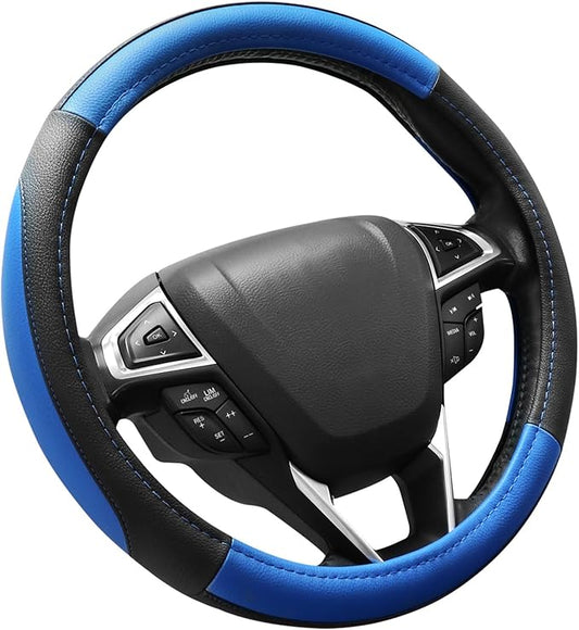 SEG Direct Car Steering Wheel Cover Universal Standard Size 14.5-15 inch, Black and Blue Microfiber Leather