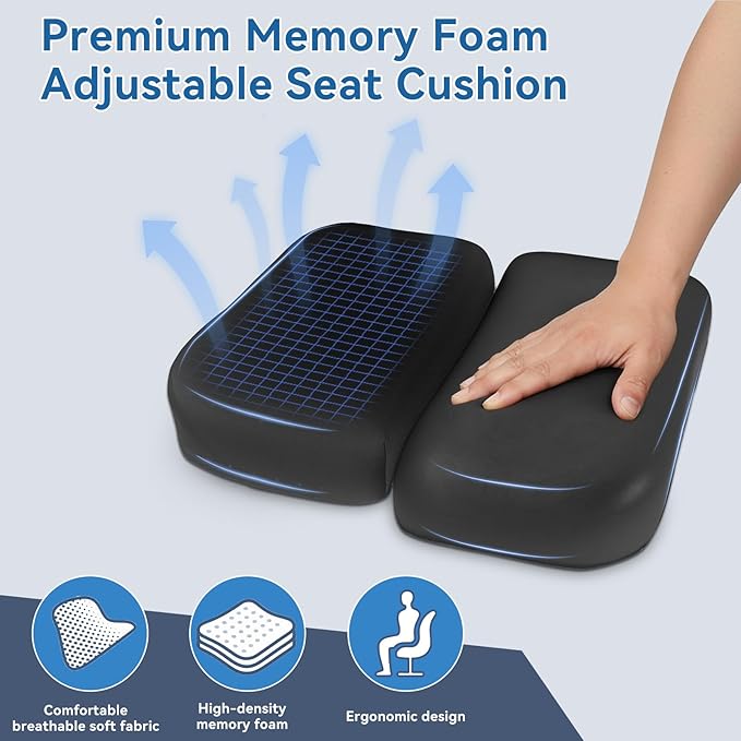 Adjustable Seat Cushion, Memory Foam Office Chair Cushion, Car Seat Cushion, Foldable Travel Cushion for Tailbone Pain, Sciatica Pain Relief, Lifting Cushion for Sitting, Driving, Traveling(Small)