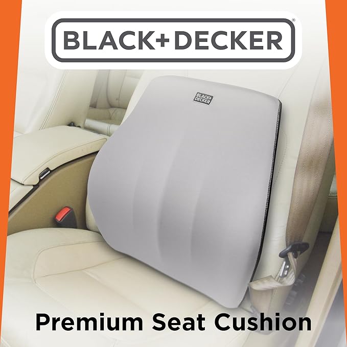 BLACK+DECKER Memory Foam Lumbar Support Pillow, Lumbar Cushion for Office, Car, Wheelchair & Airplane – Adjustable Strap, Full Back Pain Relief, Washable Cover, Grey/Blue