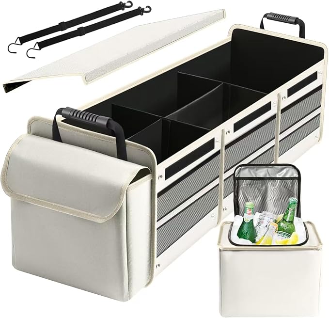 Car Trunk Organizer with Insulated Leakproof Cooler Bag, 4 in 1 Waterproof Portable Car Storage Organizer with Collapsible Cover, 3 Large Compartments, Trunk Organizer for SUV, Car, Truck (Beige)
