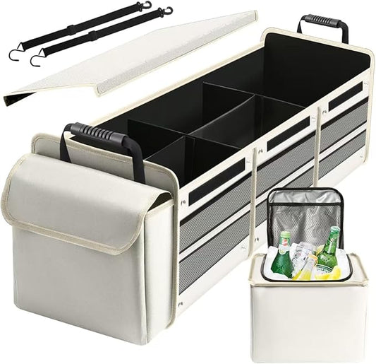 Car Trunk Organizer with Insulated Leakproof Cooler Bag, 4 in 1 Waterproof Portable Car Storage Organizer with Collapsible Cover, 3 Large Compartments, Trunk Organizer for SUV, Car, Truck (Beige)